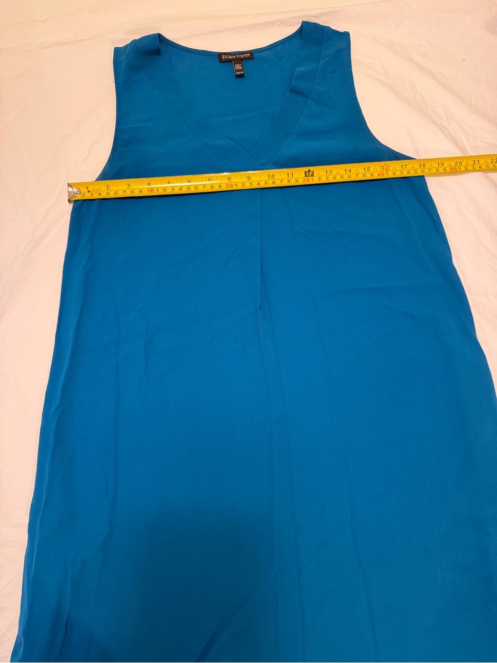 Eileen Fisher Silk Georgette Crepe V-Neck Pleat Shift Dress Teal Blue - Size XS - Picture 8 of 8